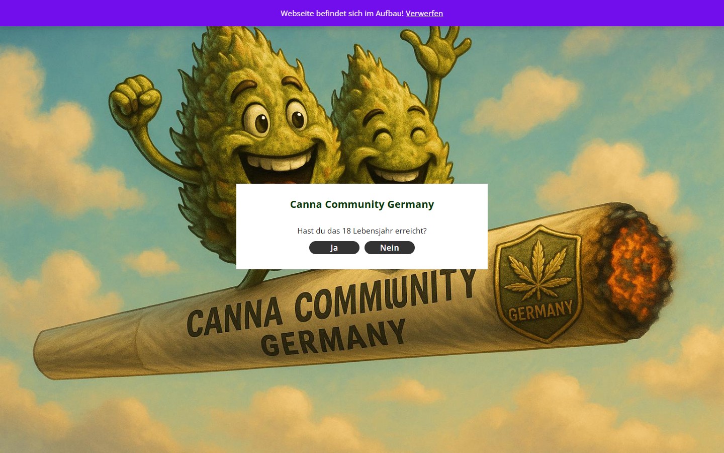 Age-Gate-Modal von cannacommunity.de mit AI-Cartoon-Knospen die einen Joint reiten